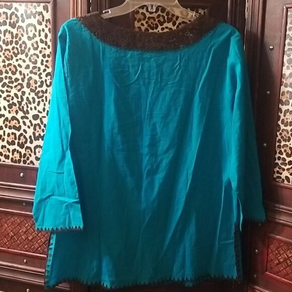 Chadwicks Teal with Brown Crochet Trim 3/4 Sleeve Shirt Size Large Vintage EUC - Picture 4 of 7